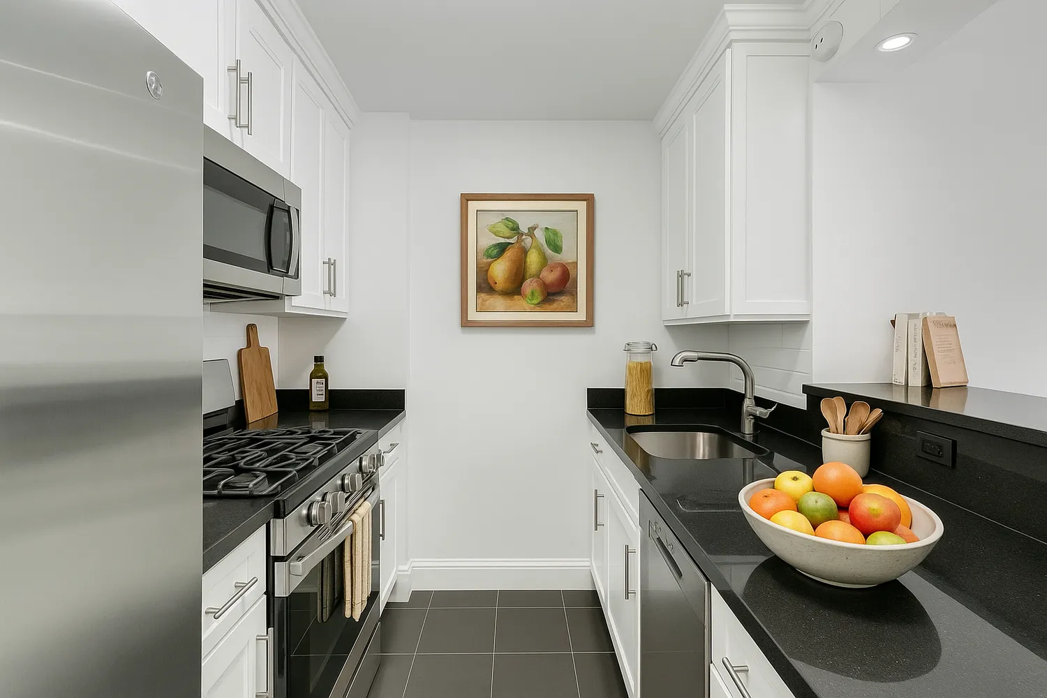 a kitchen with stainless steel appliances granite countertop a stove a sink and a microwave