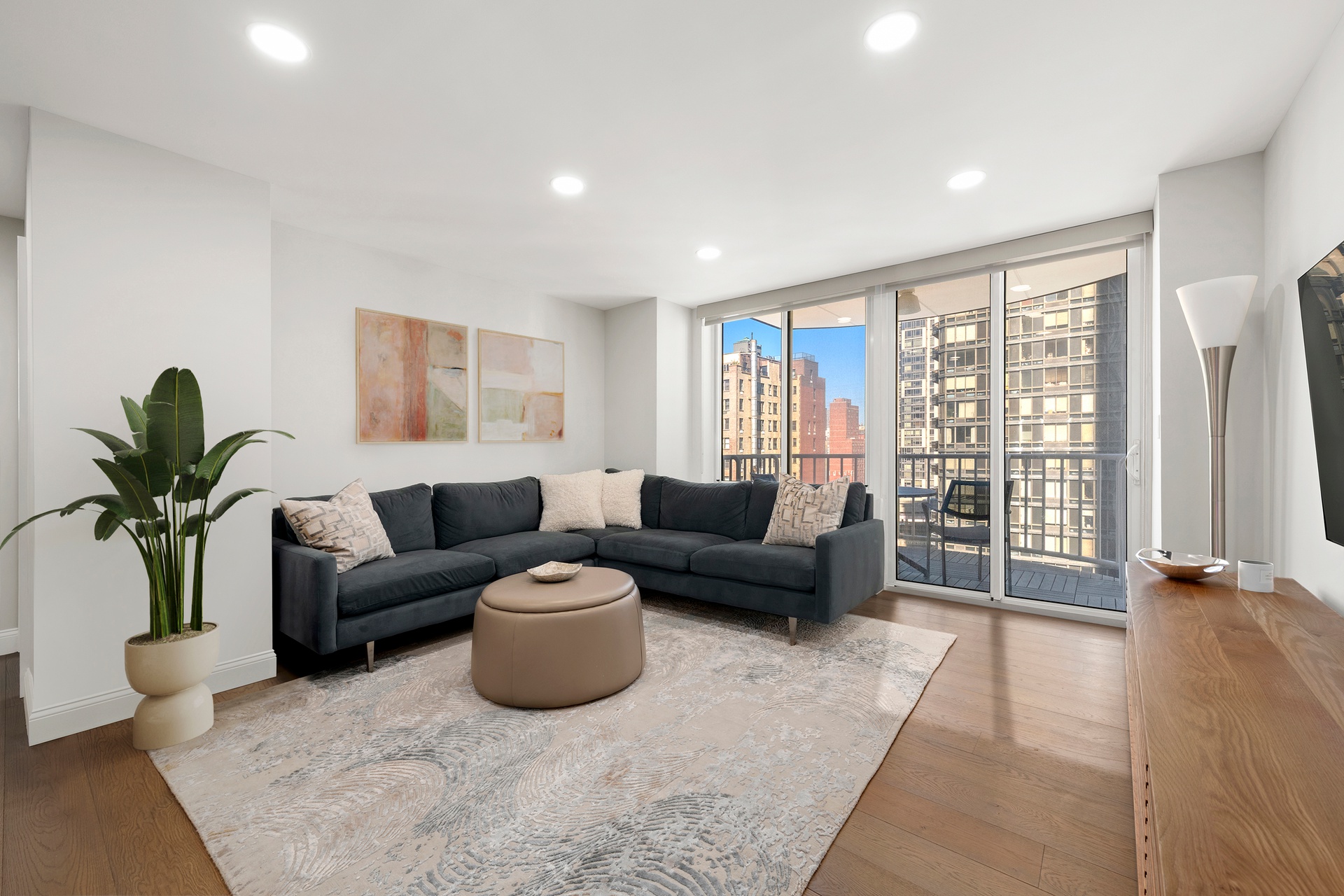 a living room with furniture and a potted plant