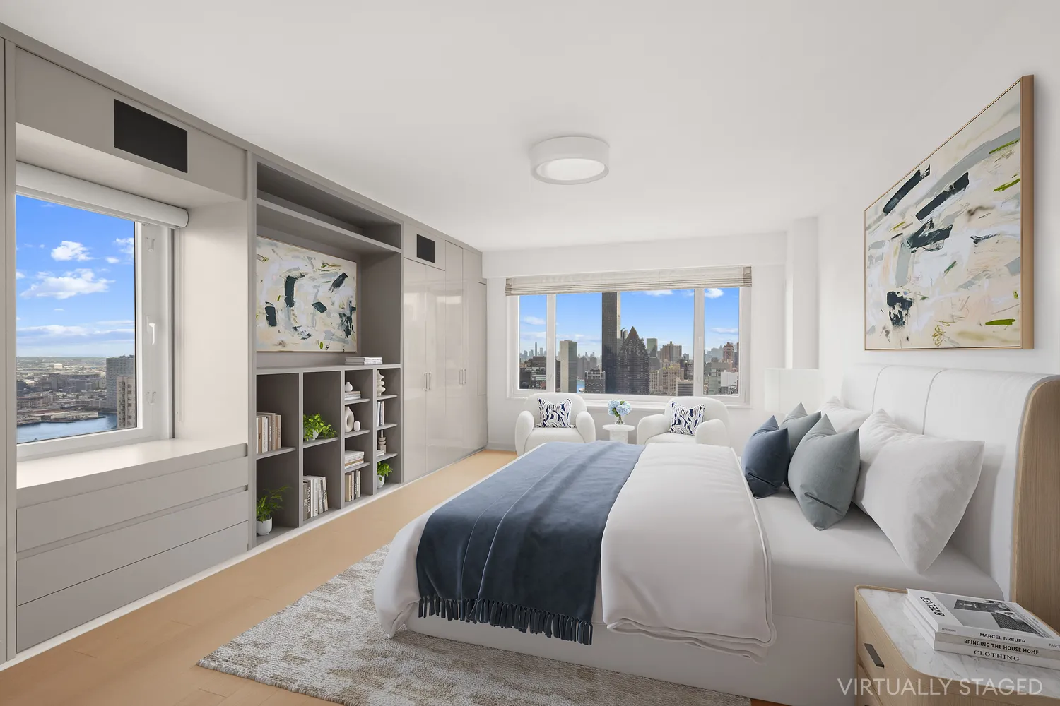 a bedroom with a large bed and a window