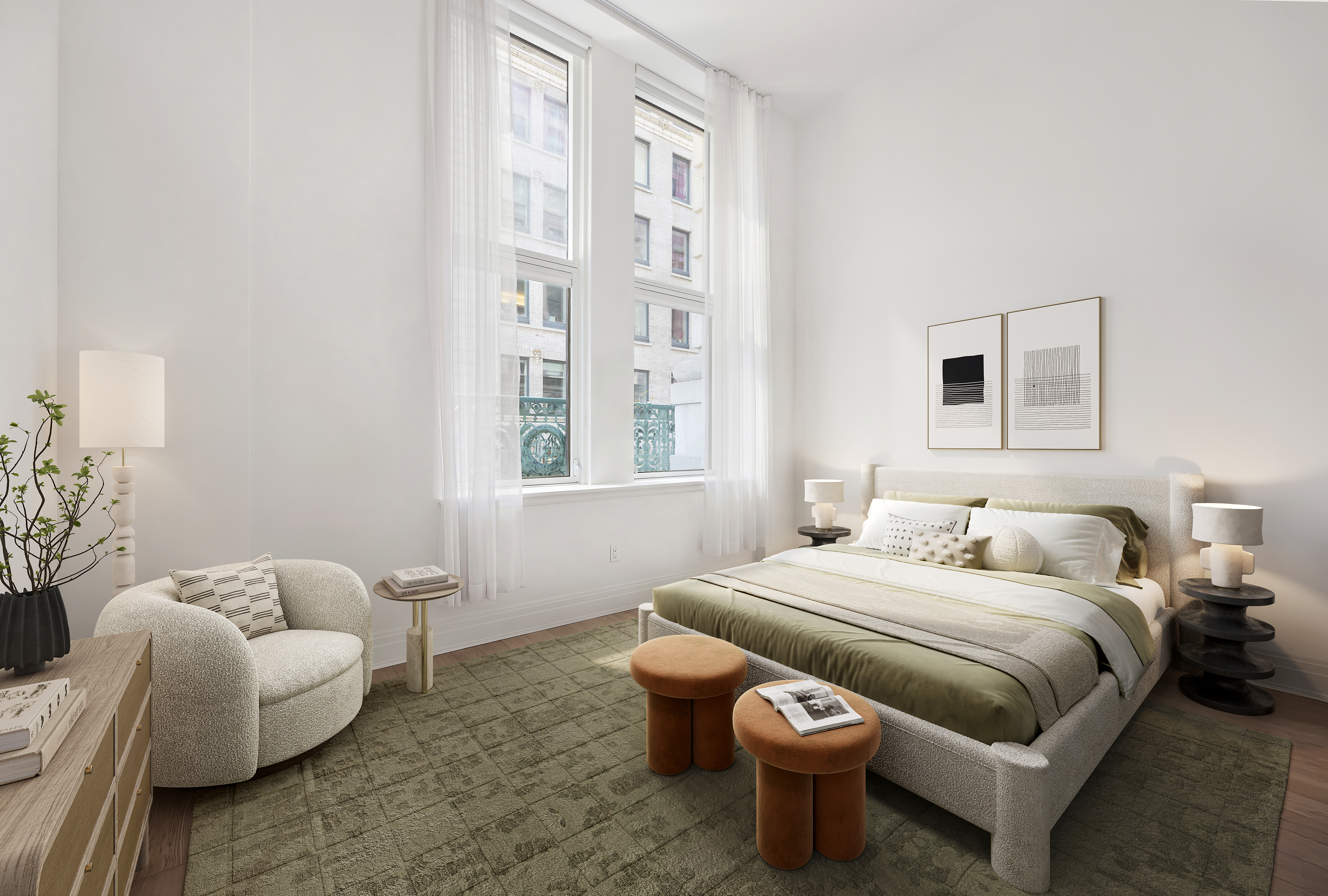 108 Leonard Street, Unit 5A Manhattan, NY 10013 - Photo 5 of 21 a bedroom with a bed and a couch