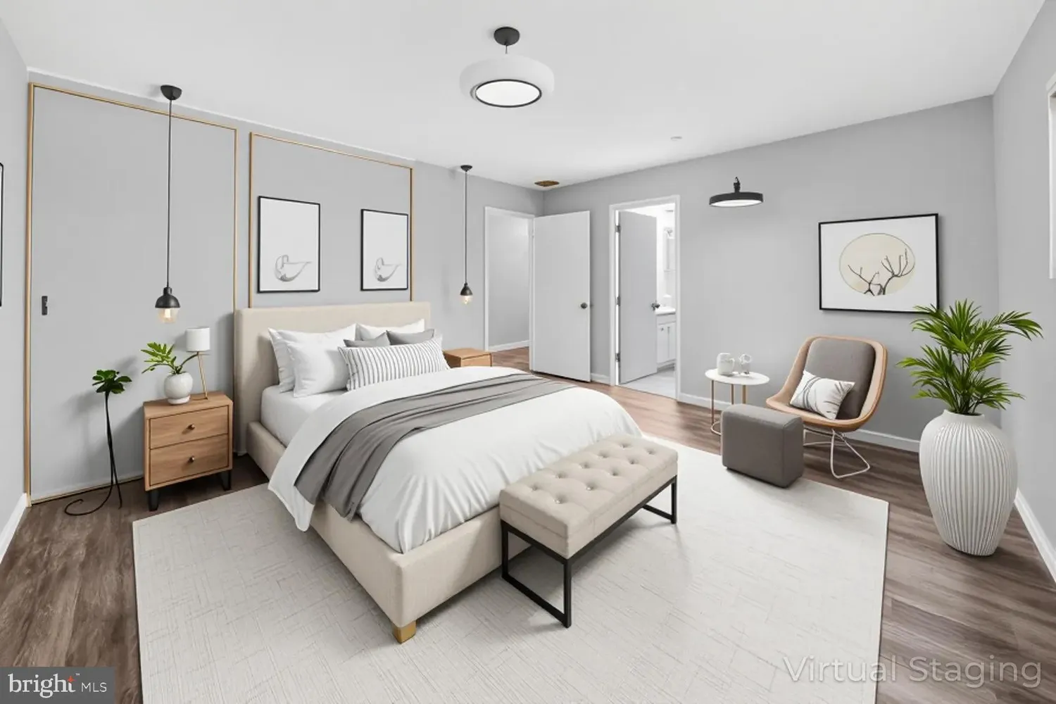 a spacious bedroom with a bed and a couch