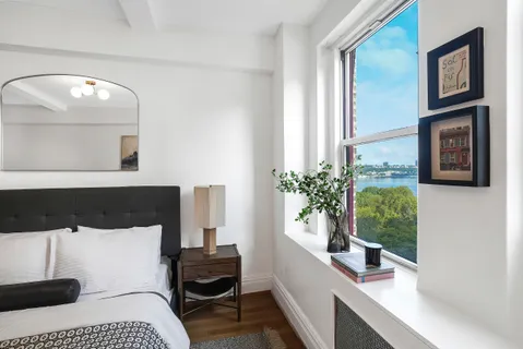 a living room with a couch and a potted plant