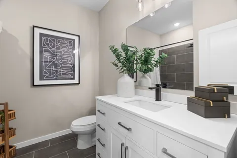 a bathroom with a sink a toilet and mirror