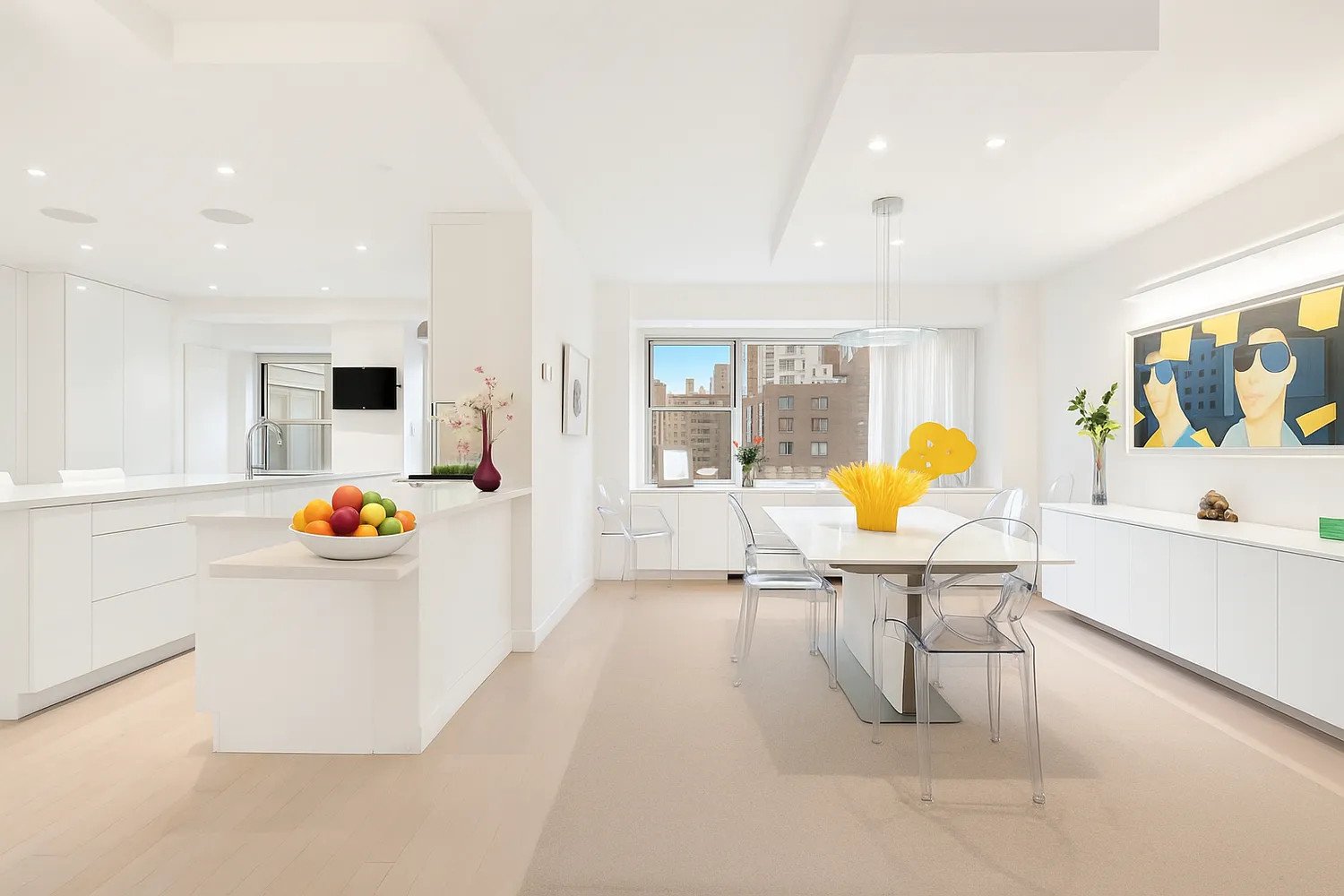 a view of a kitchen and dining room