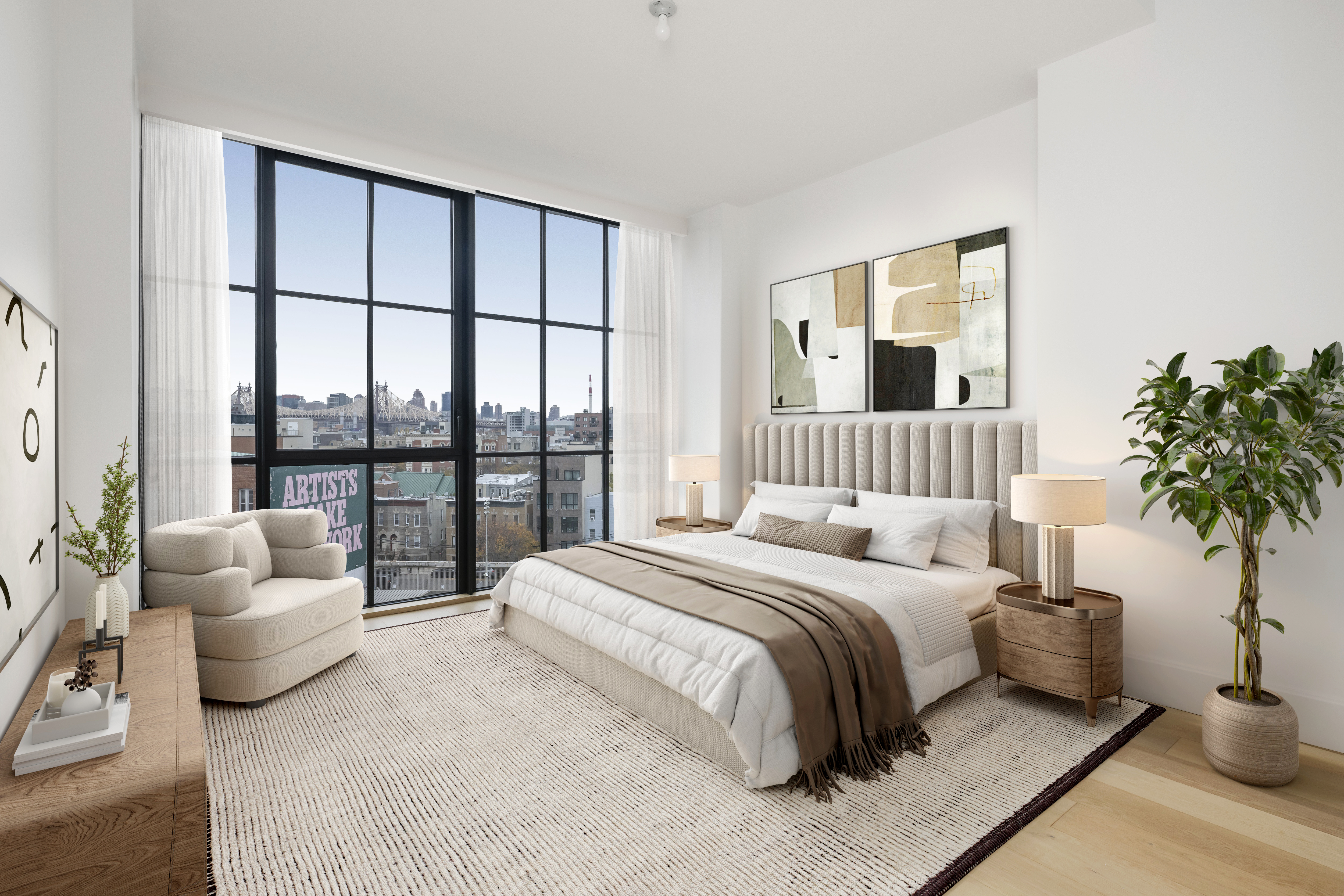 22-18 Jackson Avenue, Unit 719 Queens, NY 11101 - Photo 6 of 12 a spacious bedroom with a bed and a couch next to a window