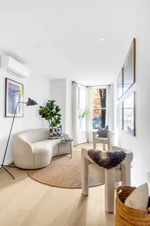 a living room with furniture and a potted plant