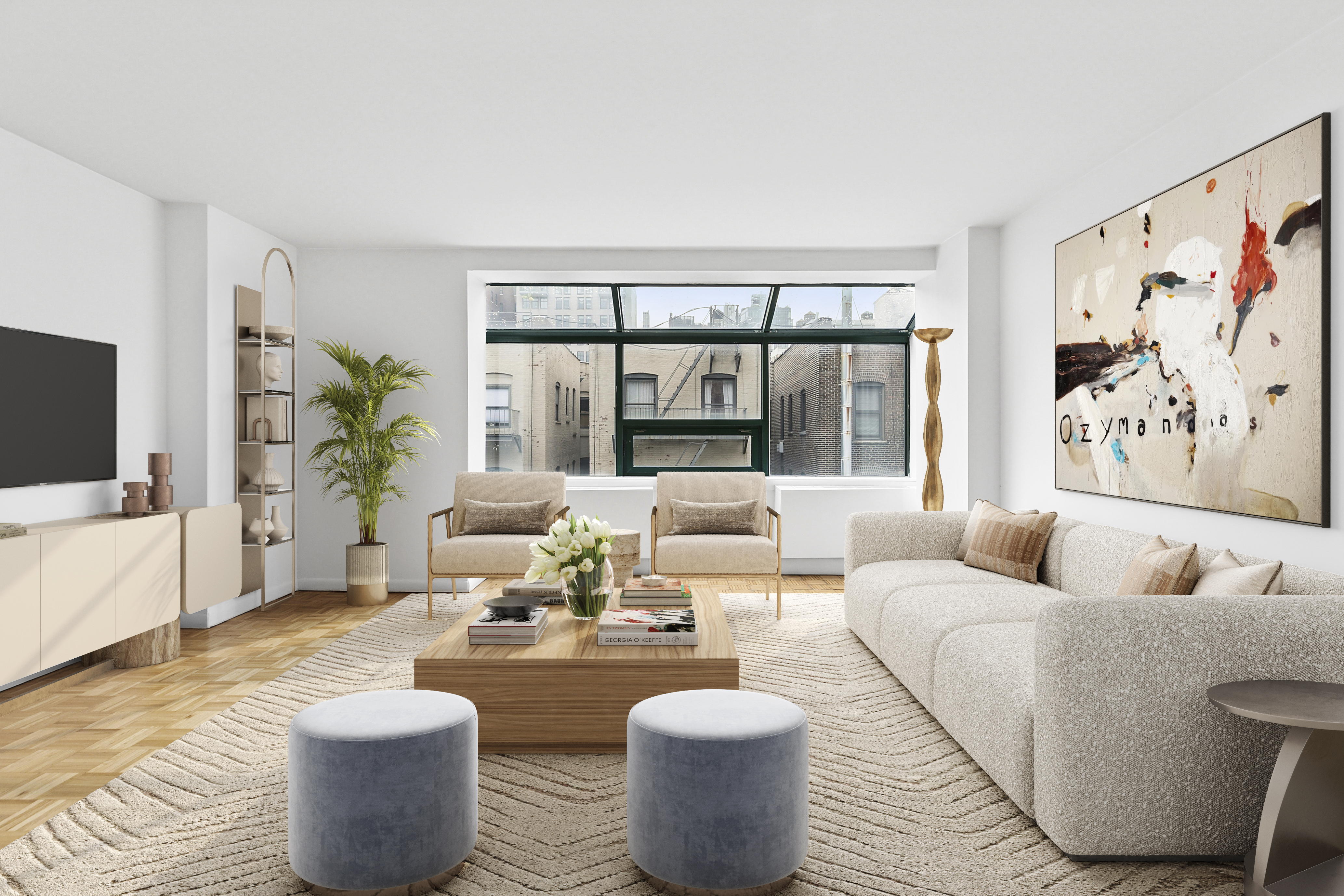 a living room with furniture and a large window