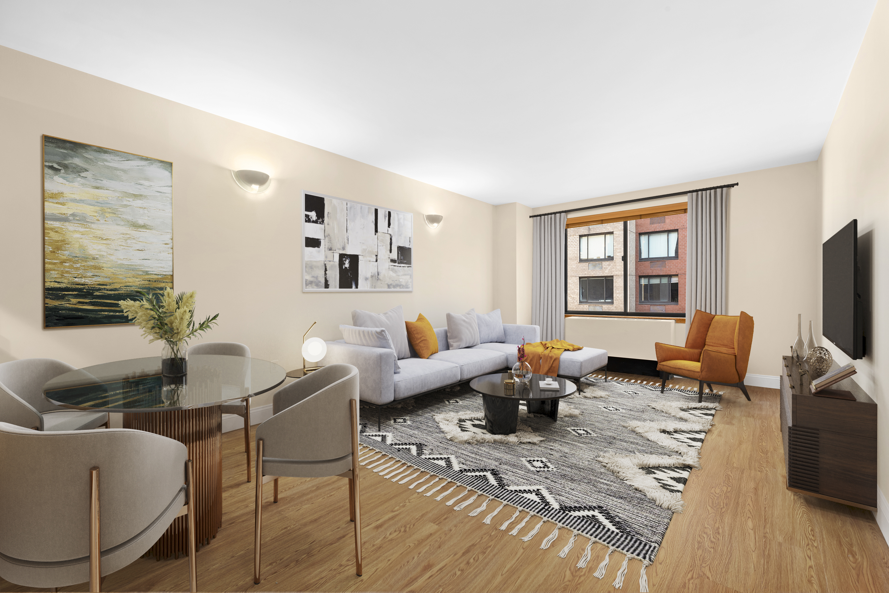 280 Rector Place, Unit 5O Manhattan, NY 10280 - Photo 1 of 7 a living room with furniture and a flat screen tv