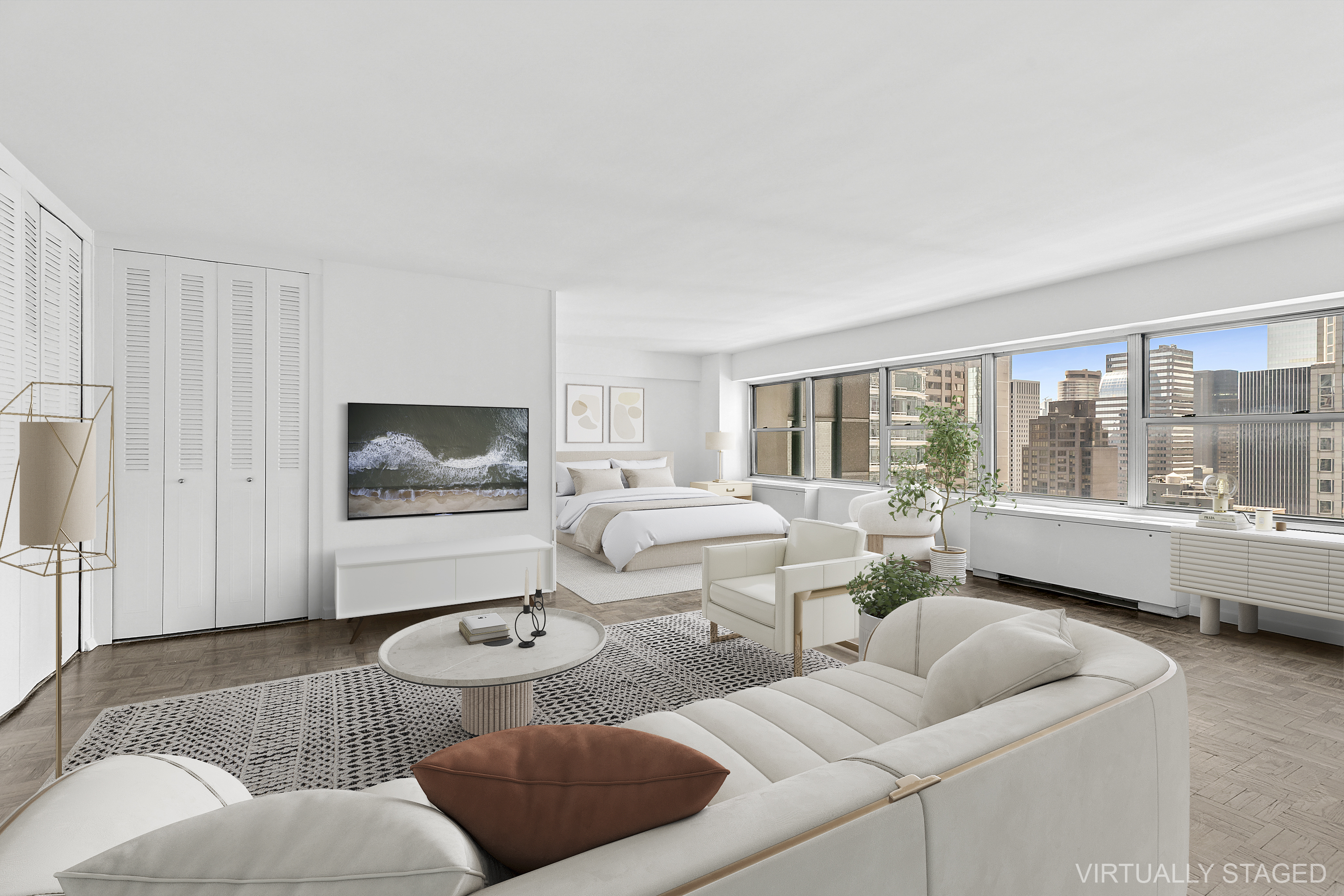 118 East 60th Street, Unit 32F Manhattan, NY 10022 - Photo 1 of 6 a living room with furniture and a large window