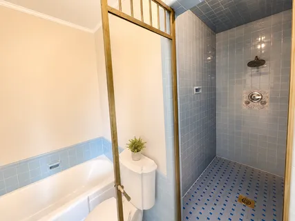a bathroom with a bathtub