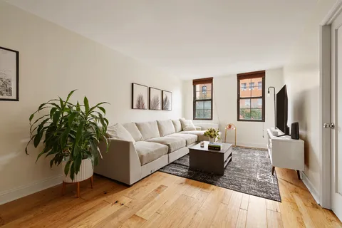 a living room with furniture and a potted plant