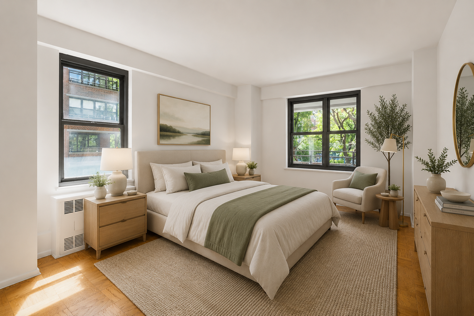 385 Grand Street, Unit L207 Manhattan, NY 10002 - Photo 6 of 12 a bedroom with bed window and couch