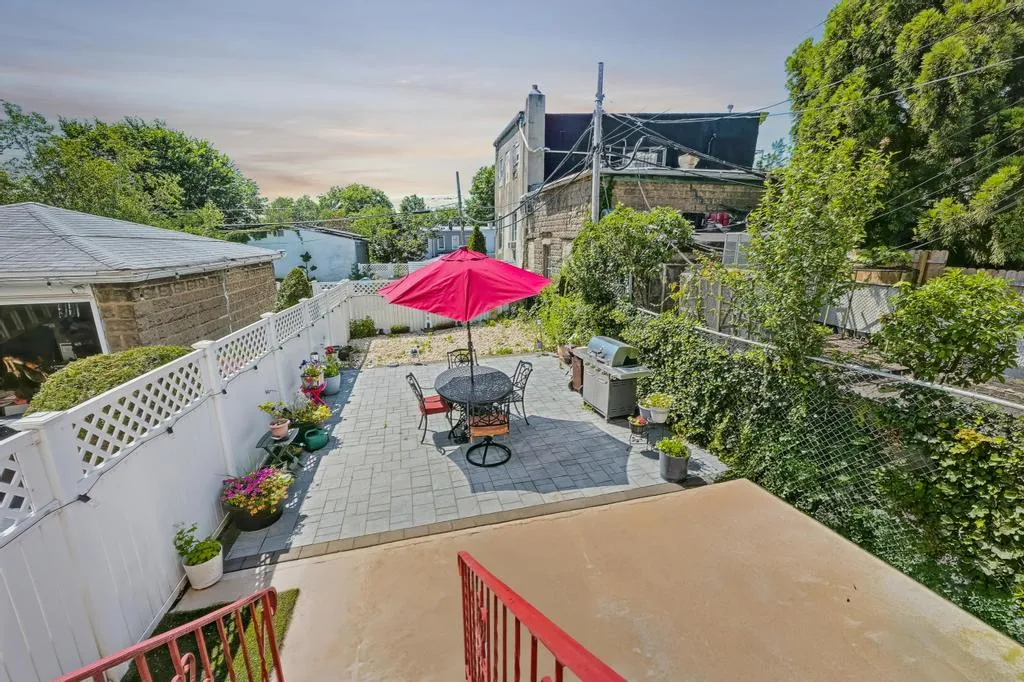 an outdoor space with furniture