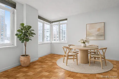 a view of a dining room with furniture and a potted plant