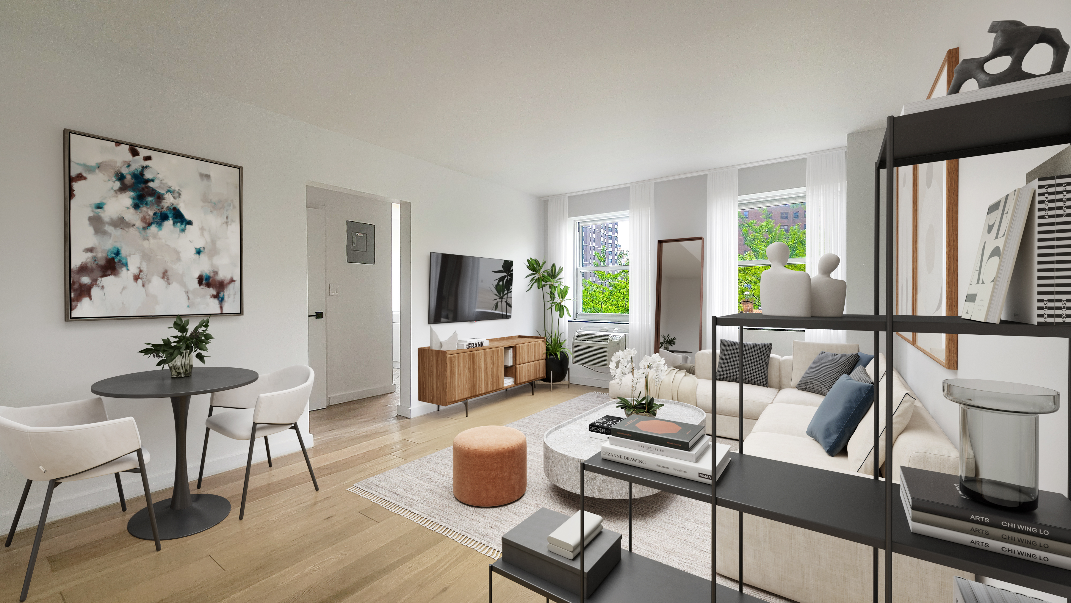 275 South Street, Unit 7 Manhattan, NY 10002 - Photo 2 of 17 a living room with furniture a flat screen tv and a large window