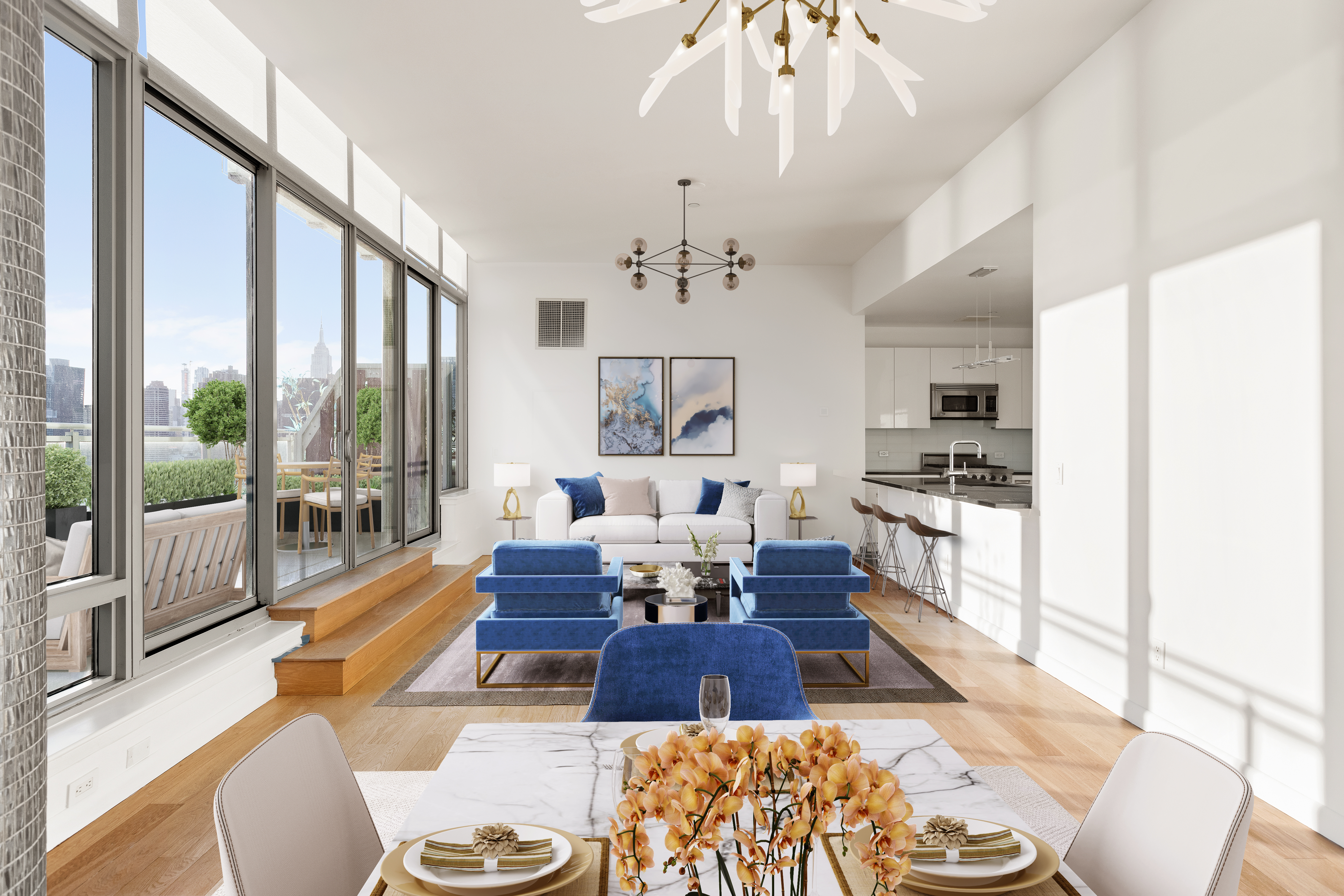 46-30 Center Boulevard, Unit PH8 Queens, NY 11109 - Photo 5 of 32 a living room with furniture dining table a chandelier and a view of kitchen