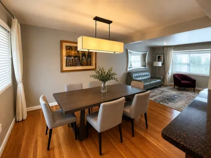 a view of a dining room with furniture and wooden floor