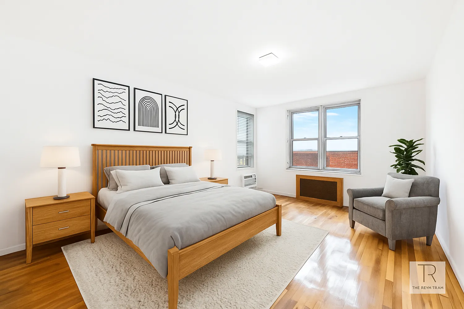 a bedroom with a bed and a window with chair