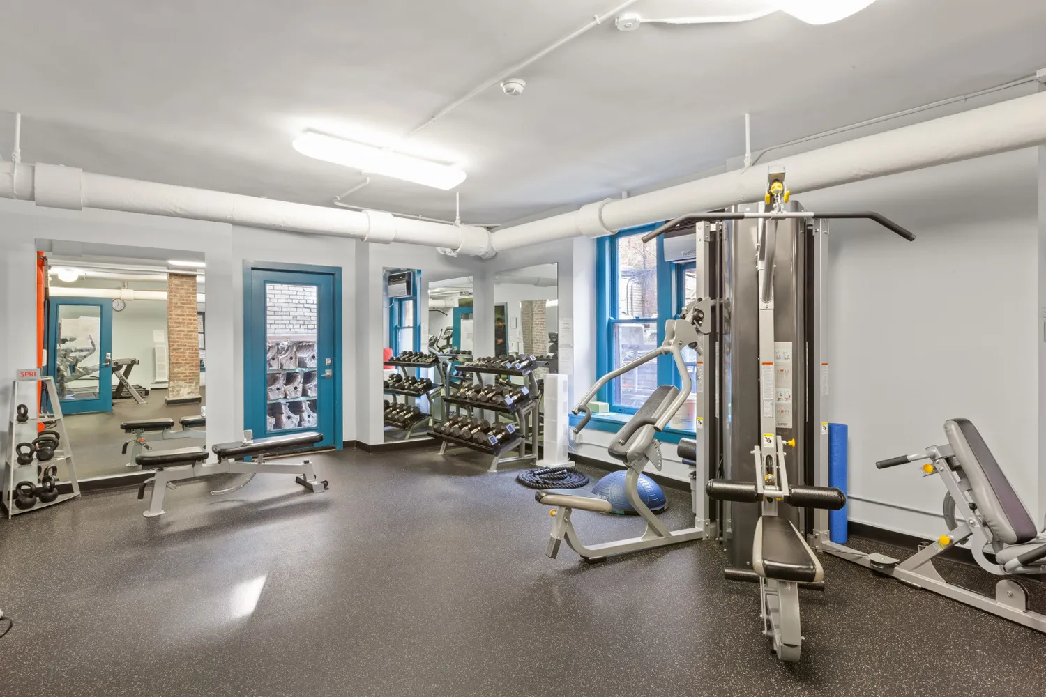 a view of a room with gym equipment