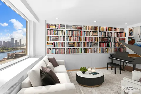 a living room with furniture and a book shelf