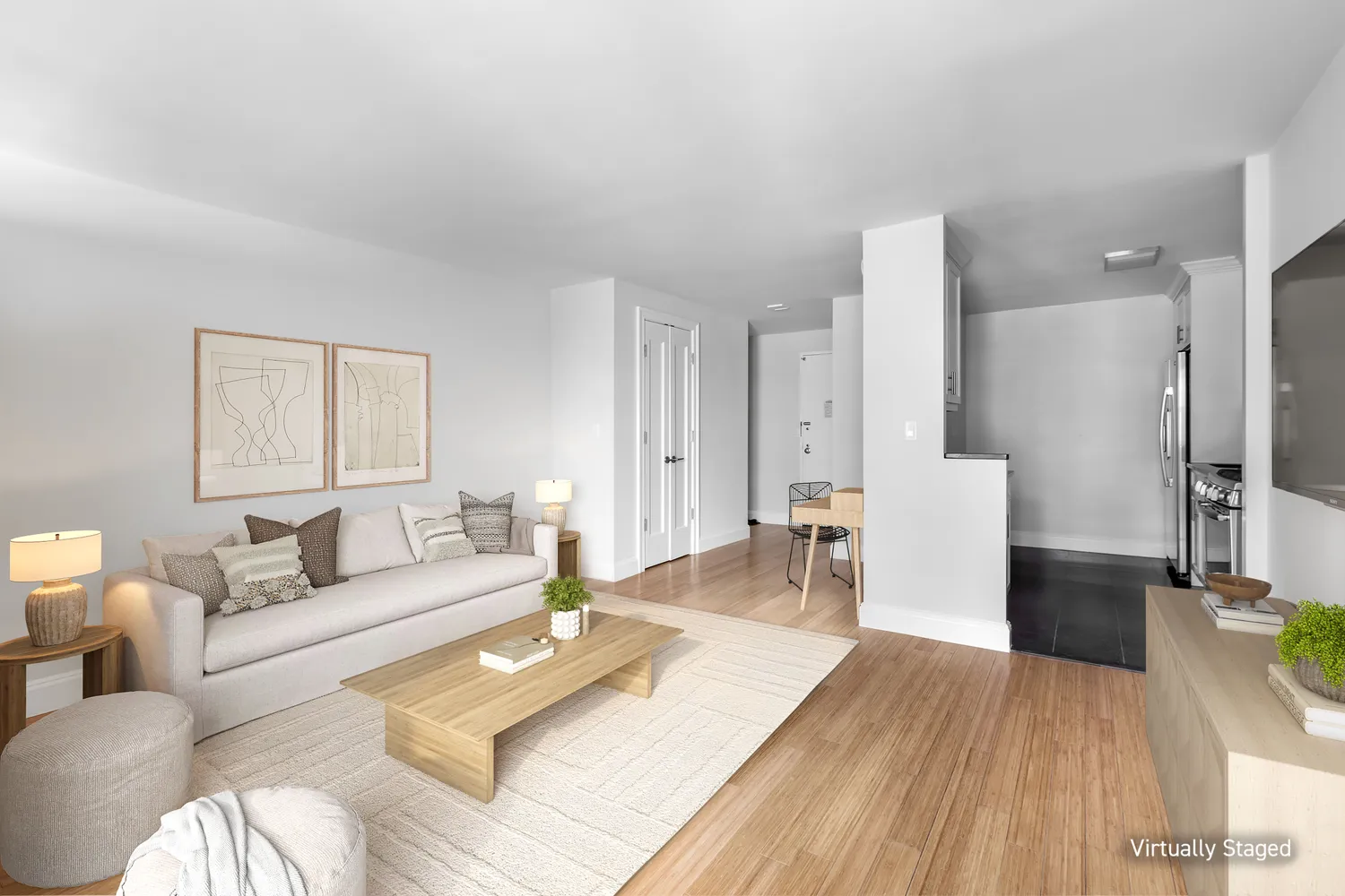 a living room with furniture and a table