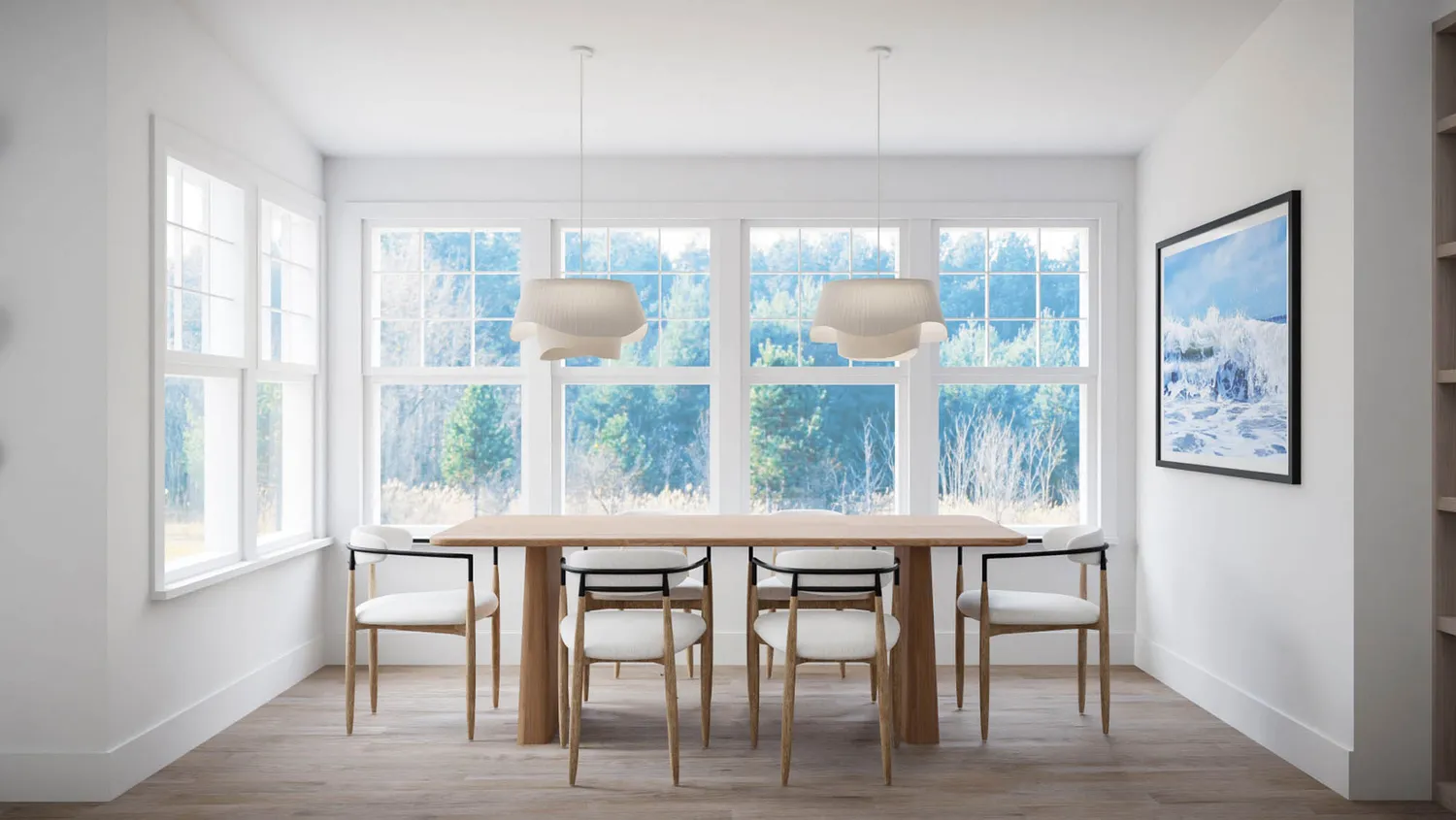 a dining room with wooden floor and windows