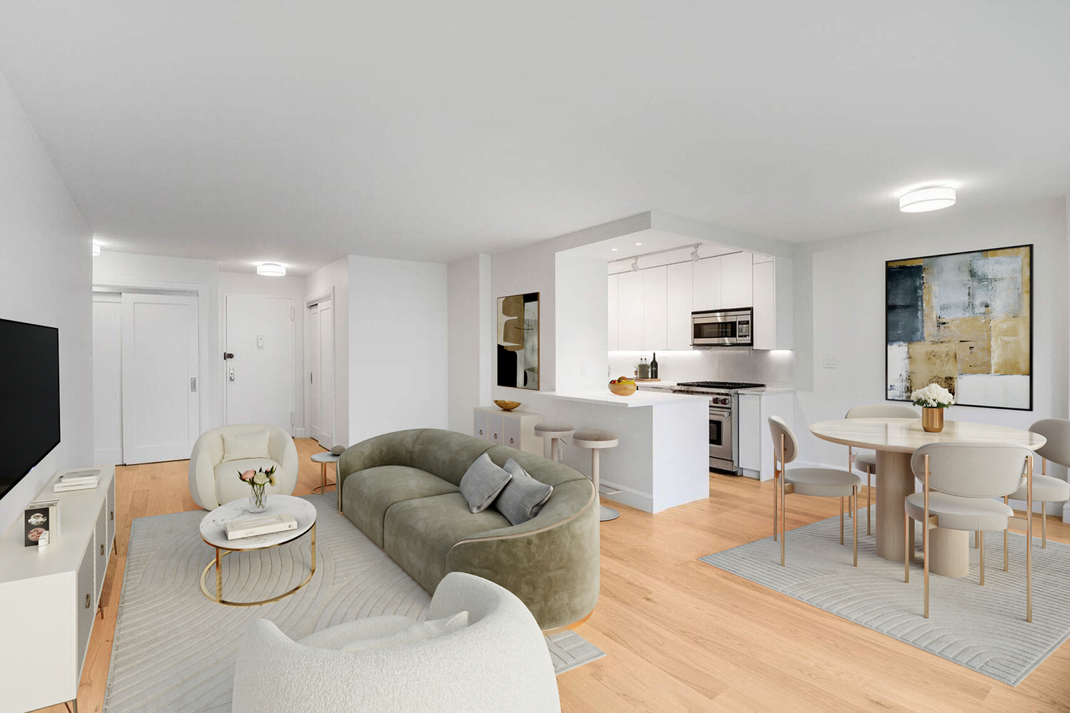 170 West End Avenue, Unit 12B Manhattan, NY 10023 - Photo 3 of 15 a living room with furniture white walls and kitchen view