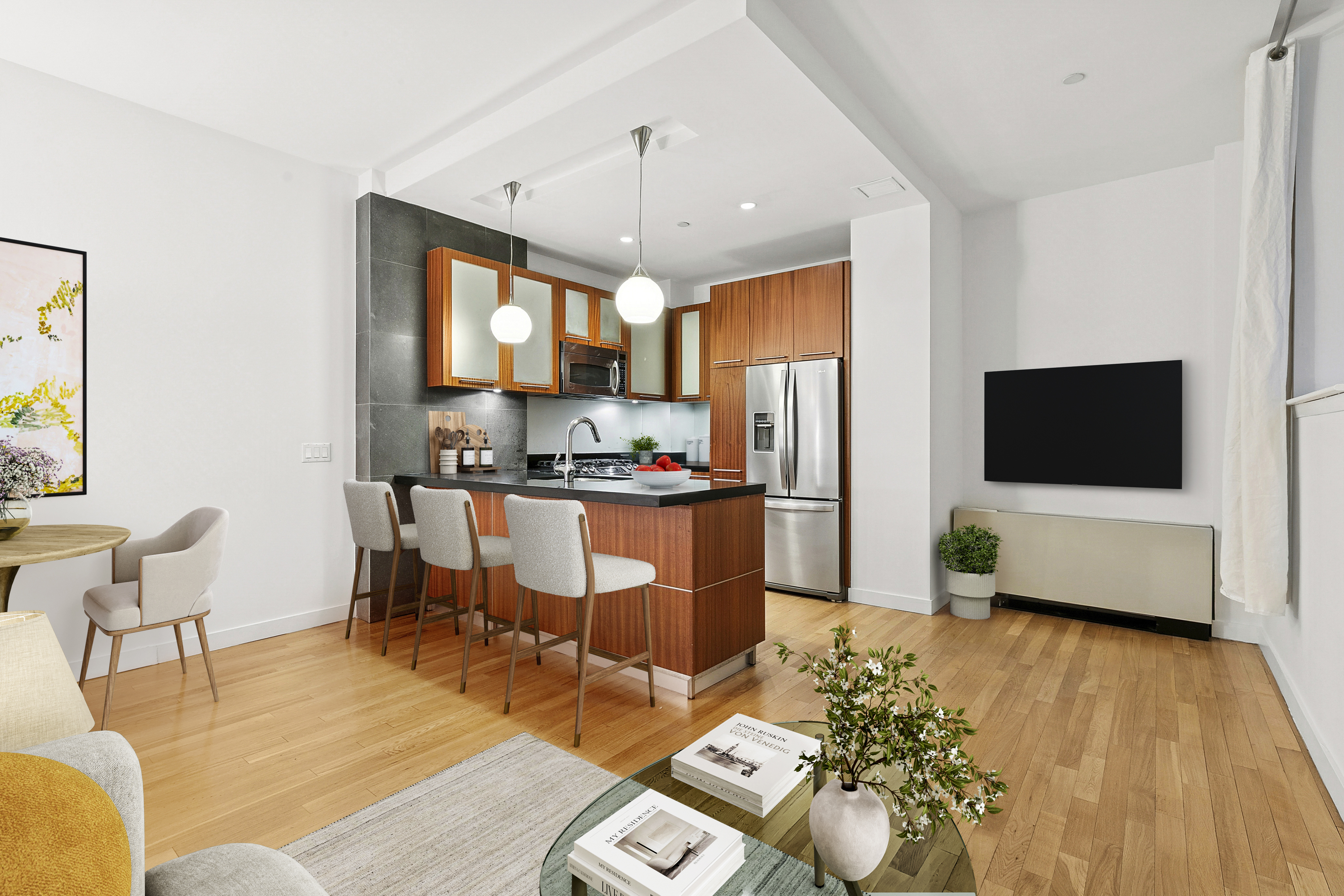 59 John Street, Unit 4H Manhattan, NY 10038 - Photo 5 of 19 a living room with furniture and a flat screen tv