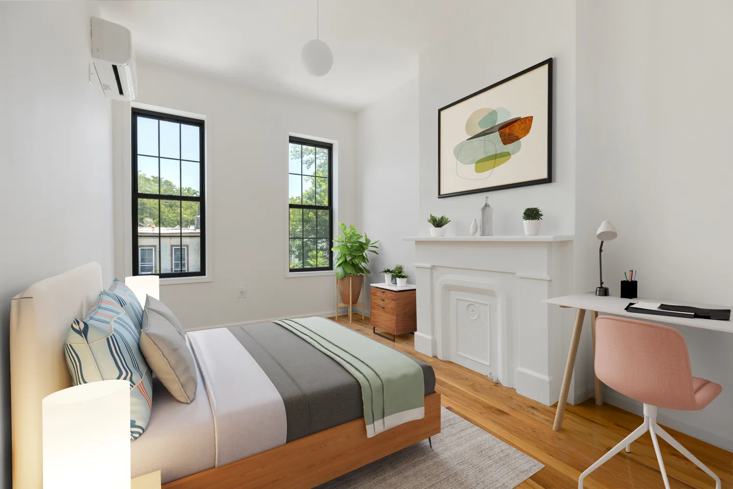 a bedroom with a bed a desk and chair with a mirror