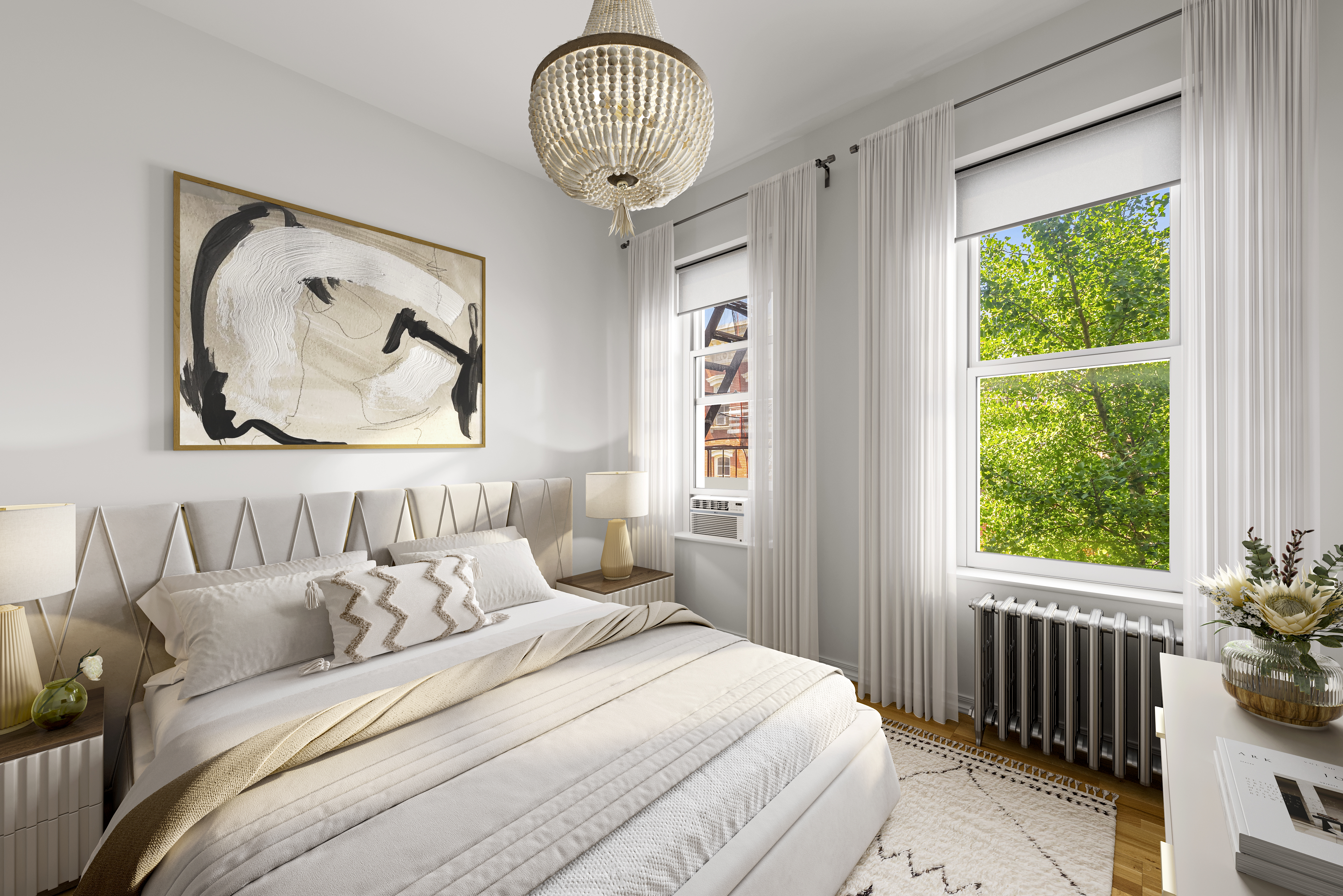 a bedroom with a large bed and a window