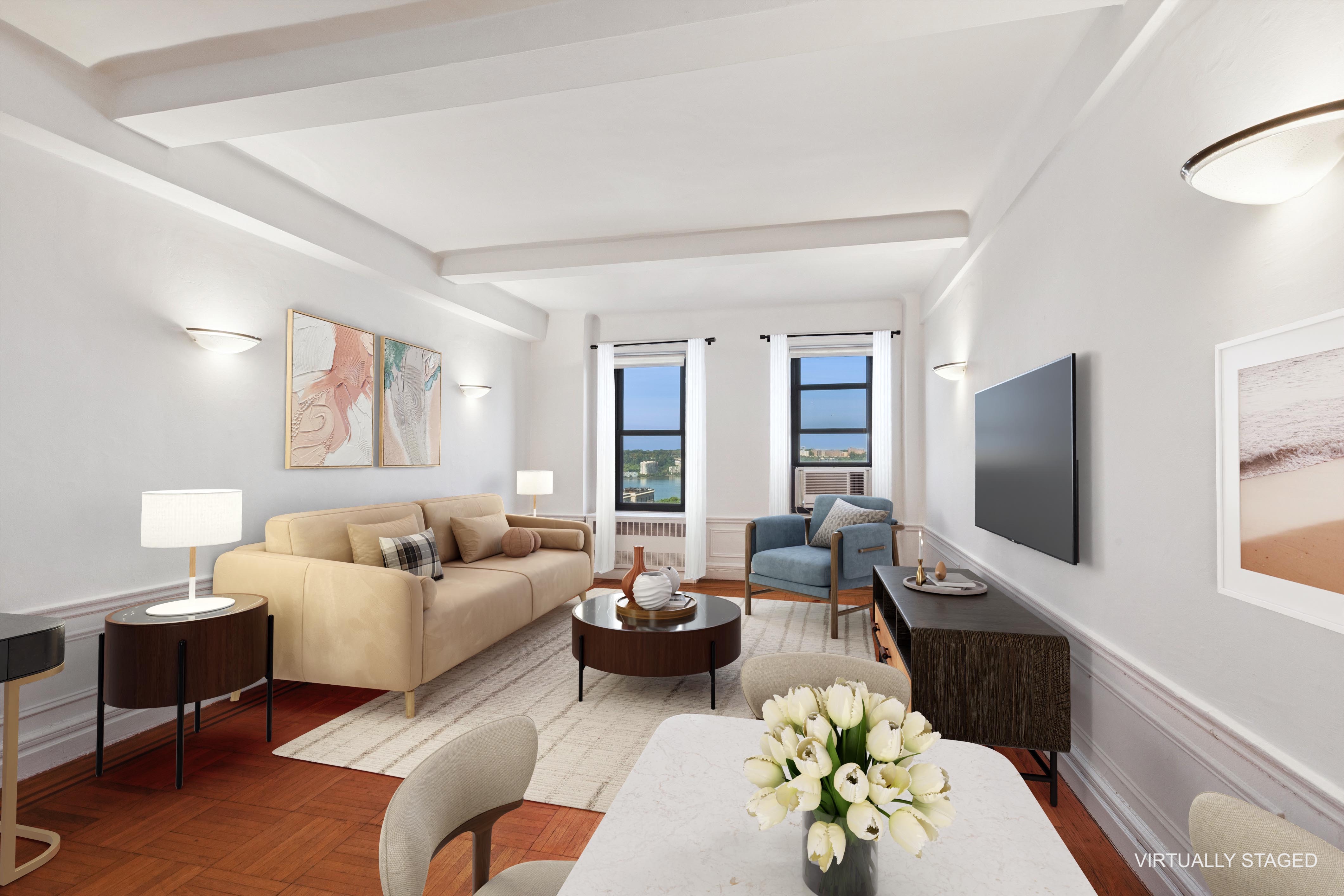 710 West End Avenue, Unit 14B Manhattan, NY 10025 - Photo 1 of 19 a living room with furniture flat screen tv and window