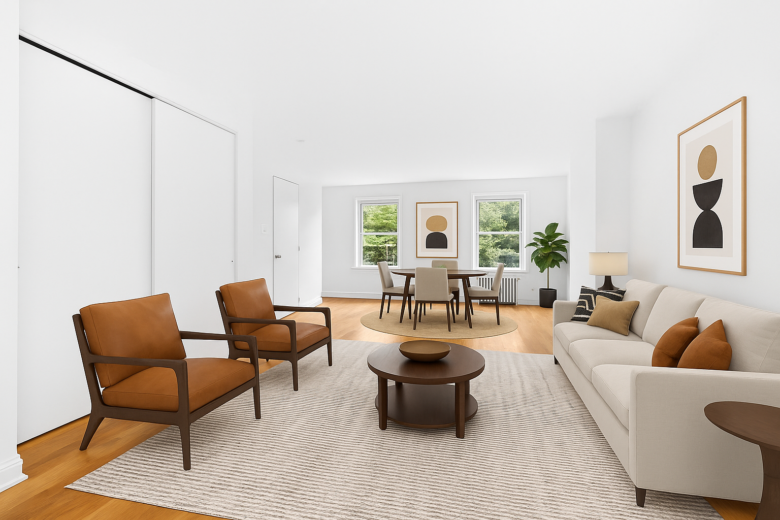 a living room with furniture and a potted plant