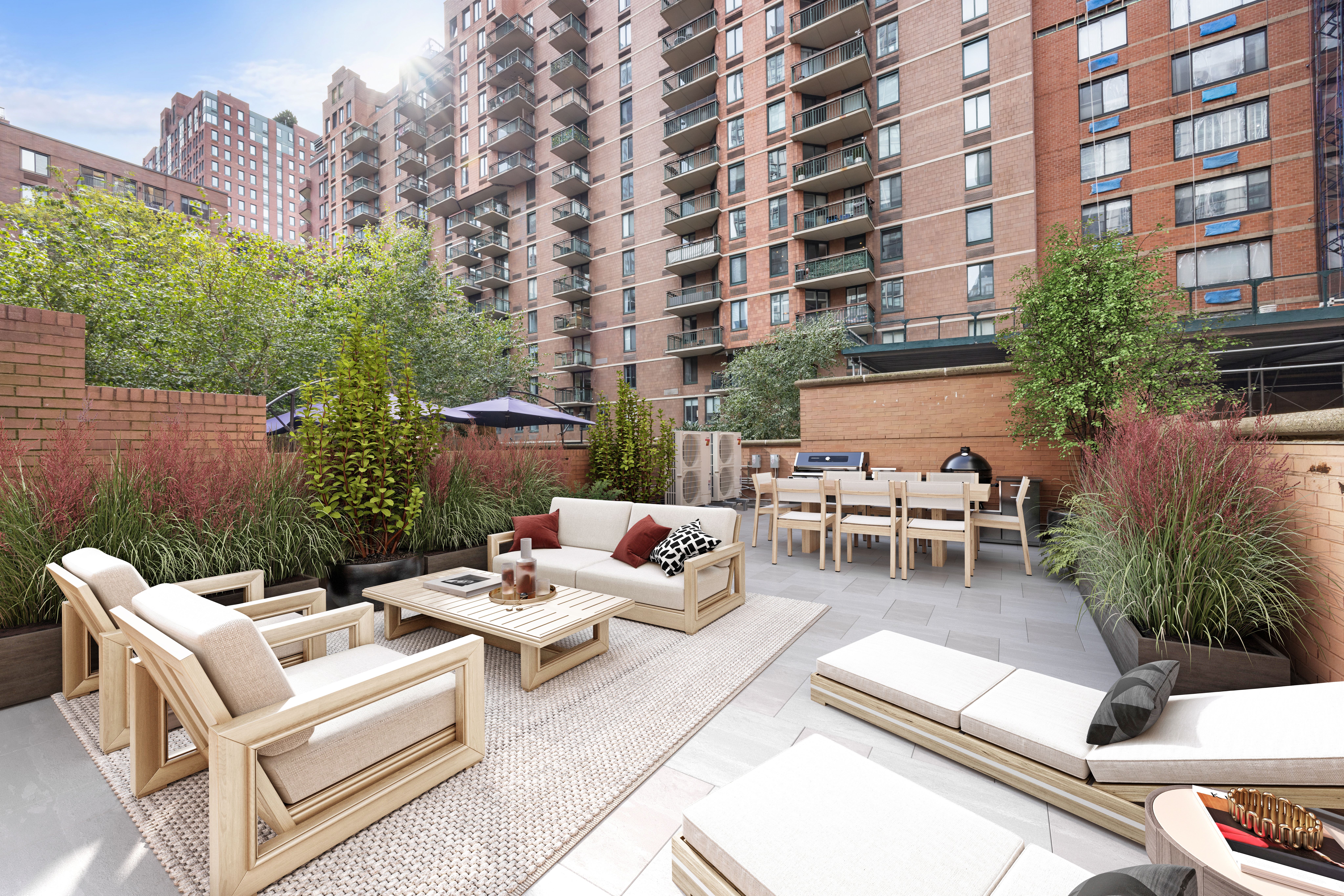 340 Albany Street Manhattan, NY 10280 - Photo 2 of 24 a view of a patio with couches and a table and chairs with wooden fence