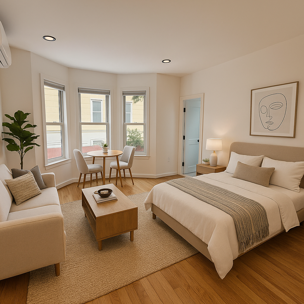 a spacious bedroom with a bed a couch and windows