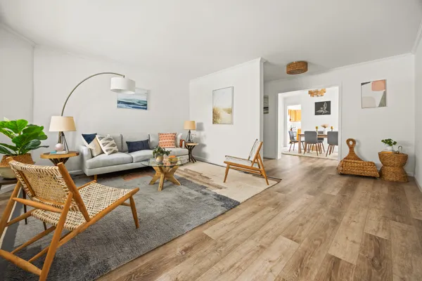 a living room with furniture and a potted plant