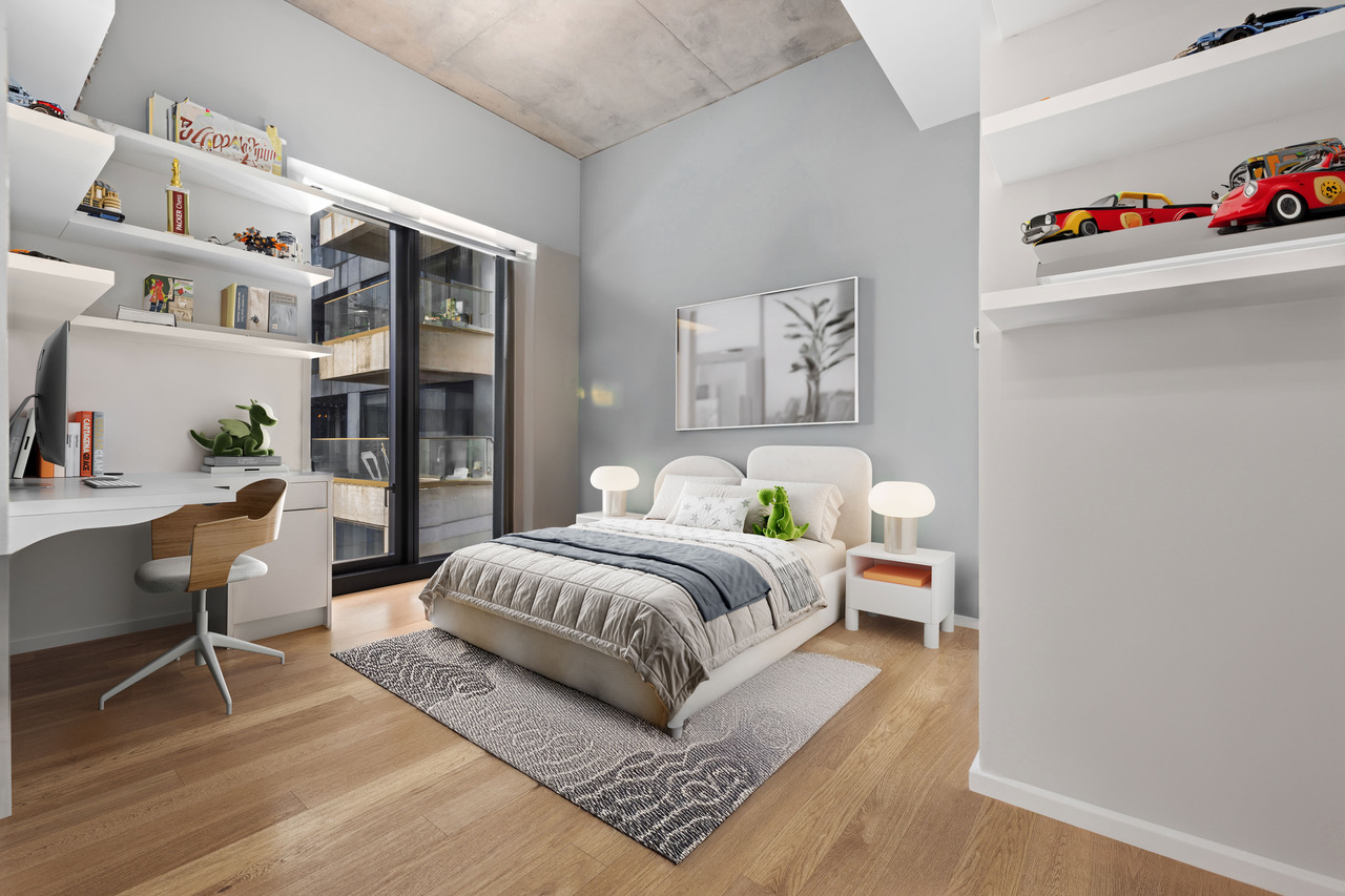 98 Front Street, Unit PH Brooklyn, NY 11201 - Photo 8 of 26 a bedroom with a bed furniture and a potted plant