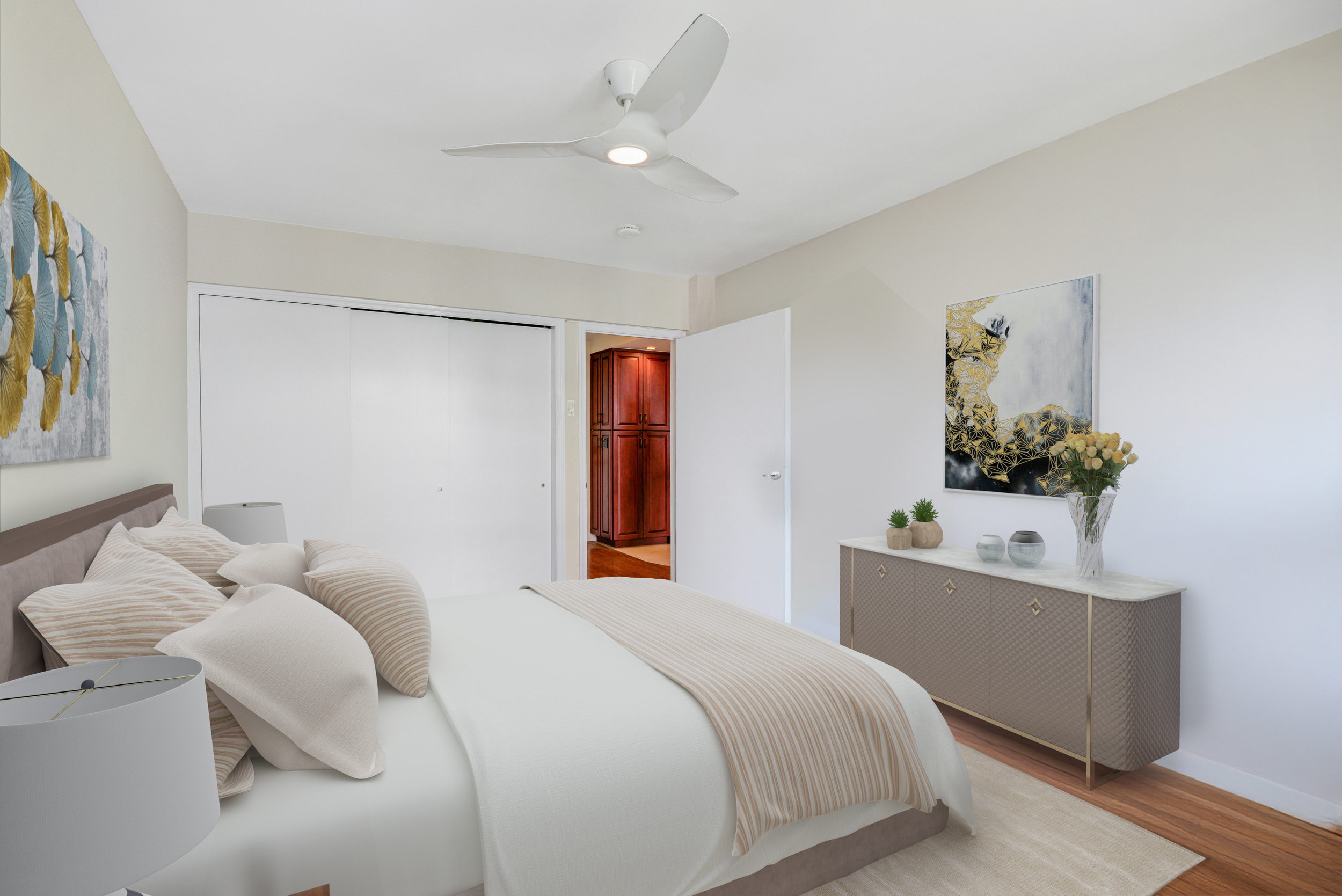 88 Bleecker Street, Unit 5J Manhattan, NY 10012 - Photo 11 of 18 a bedroom with a bed and a chandelier