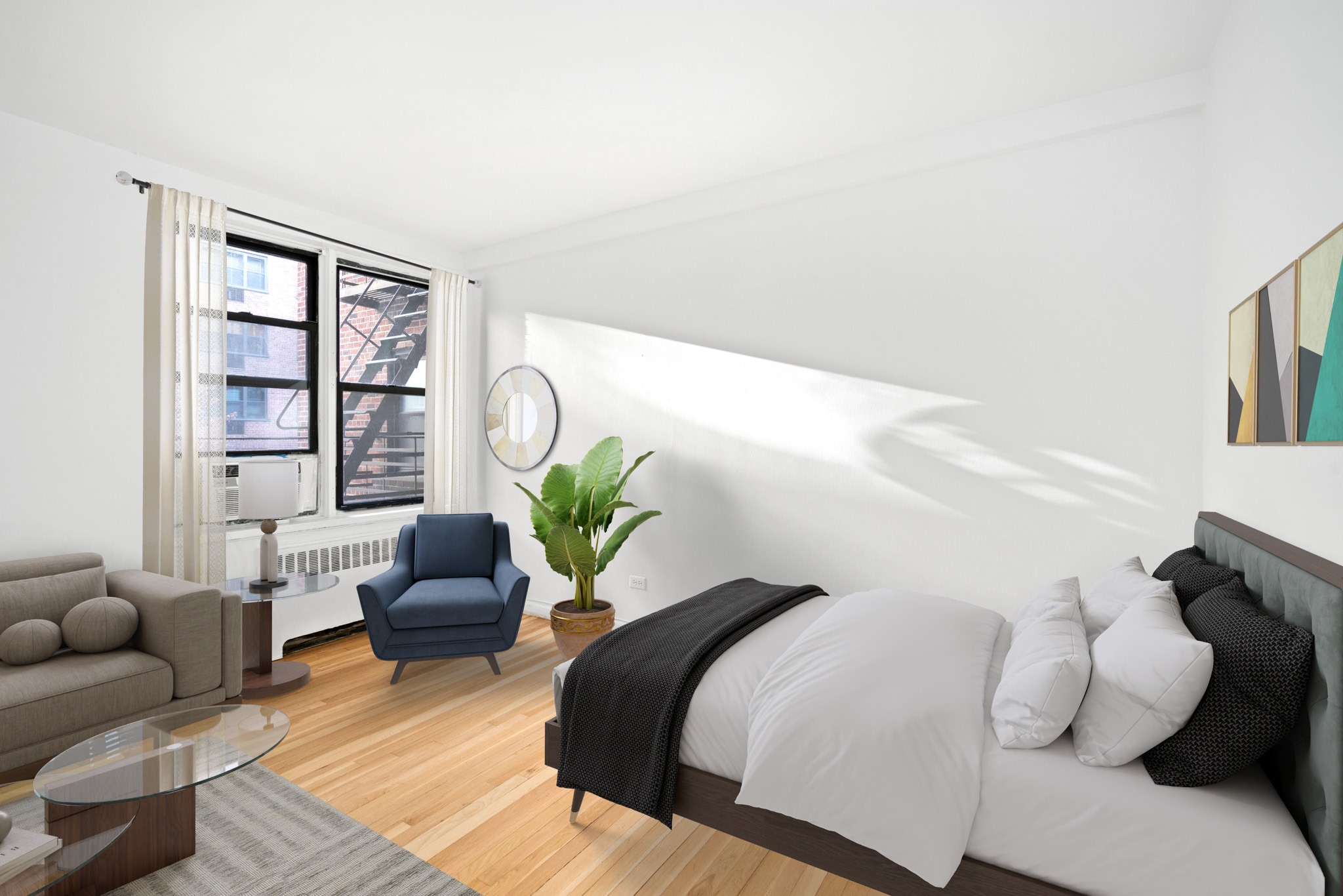 60 East 9th Street, Unit 235 Manhattan, NY 10003 - Photo 7 of 14 a bedroom with a bed couch and potted plant on the dresser