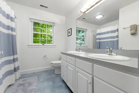 a bathroom with a double vanity sink a toilet and a mirror