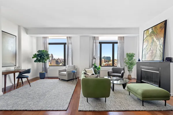 a living room with furniture and a potted plant