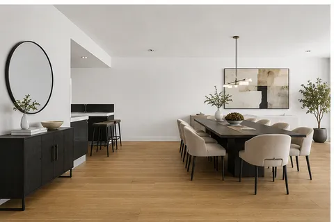 a view of a dining room with furniture