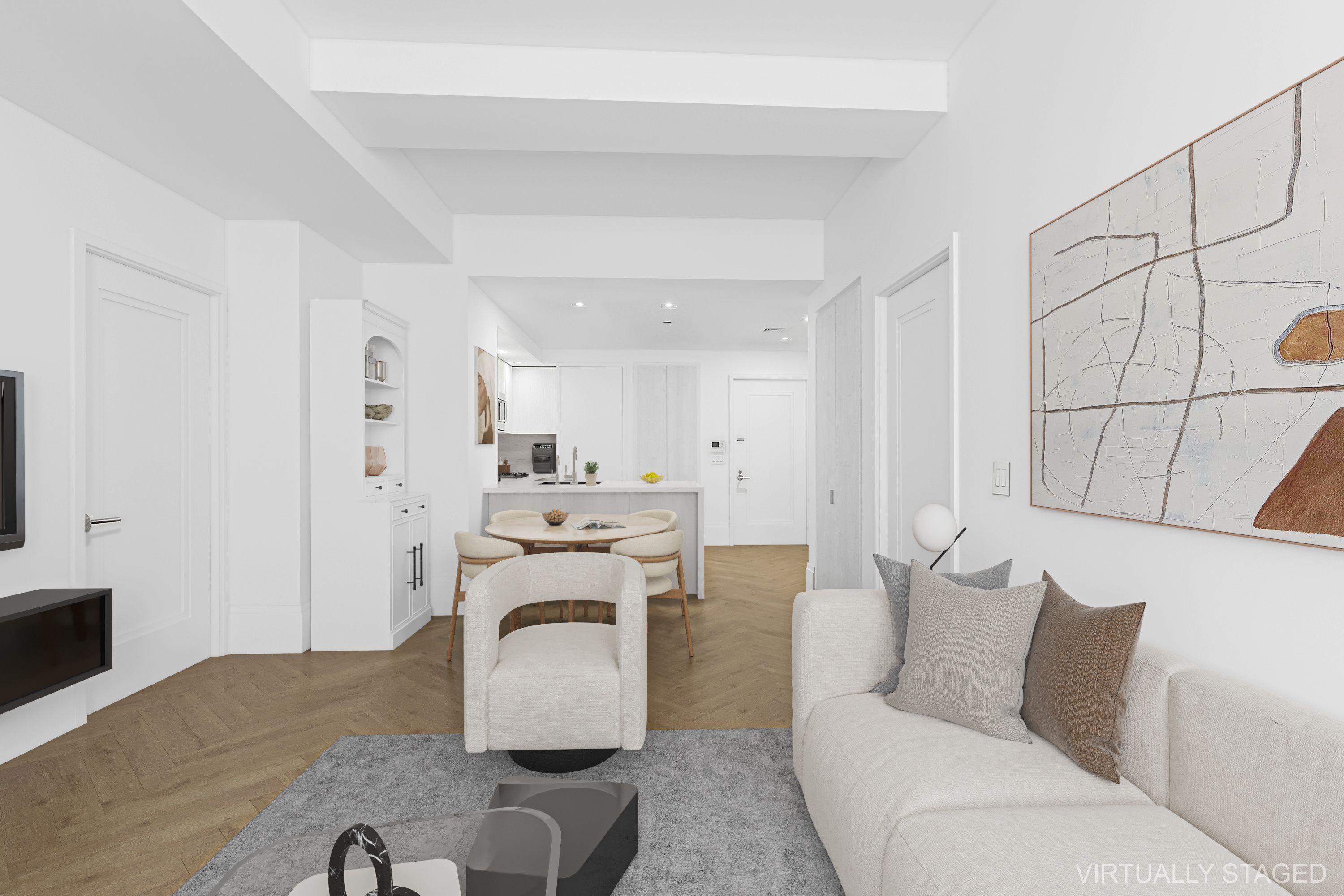 101 Wall Street, Unit 17A Manhattan, NY 10005 - Photo 2 of 13 a living room with furniture a flat screen tv and a couch
