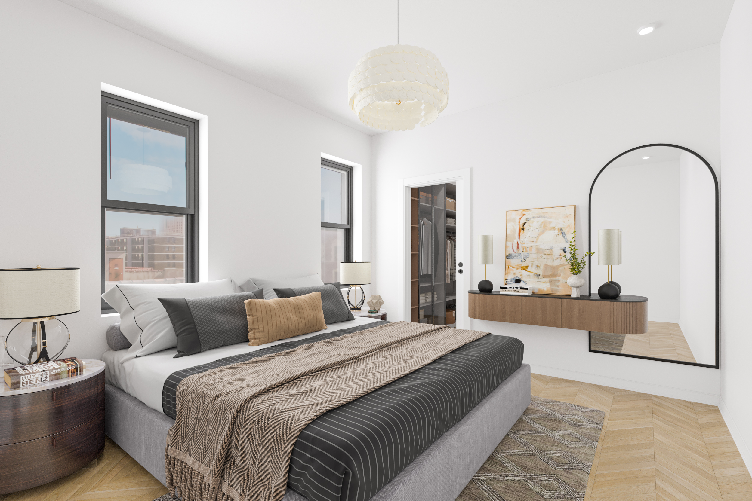 100 St Nicholas Avenue, Unit 7E Manhattan, NY 10026 - Photo 4 of 10 a bedroom with a large bed and a chandelier