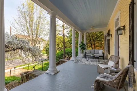 a building outdoor space with seating space