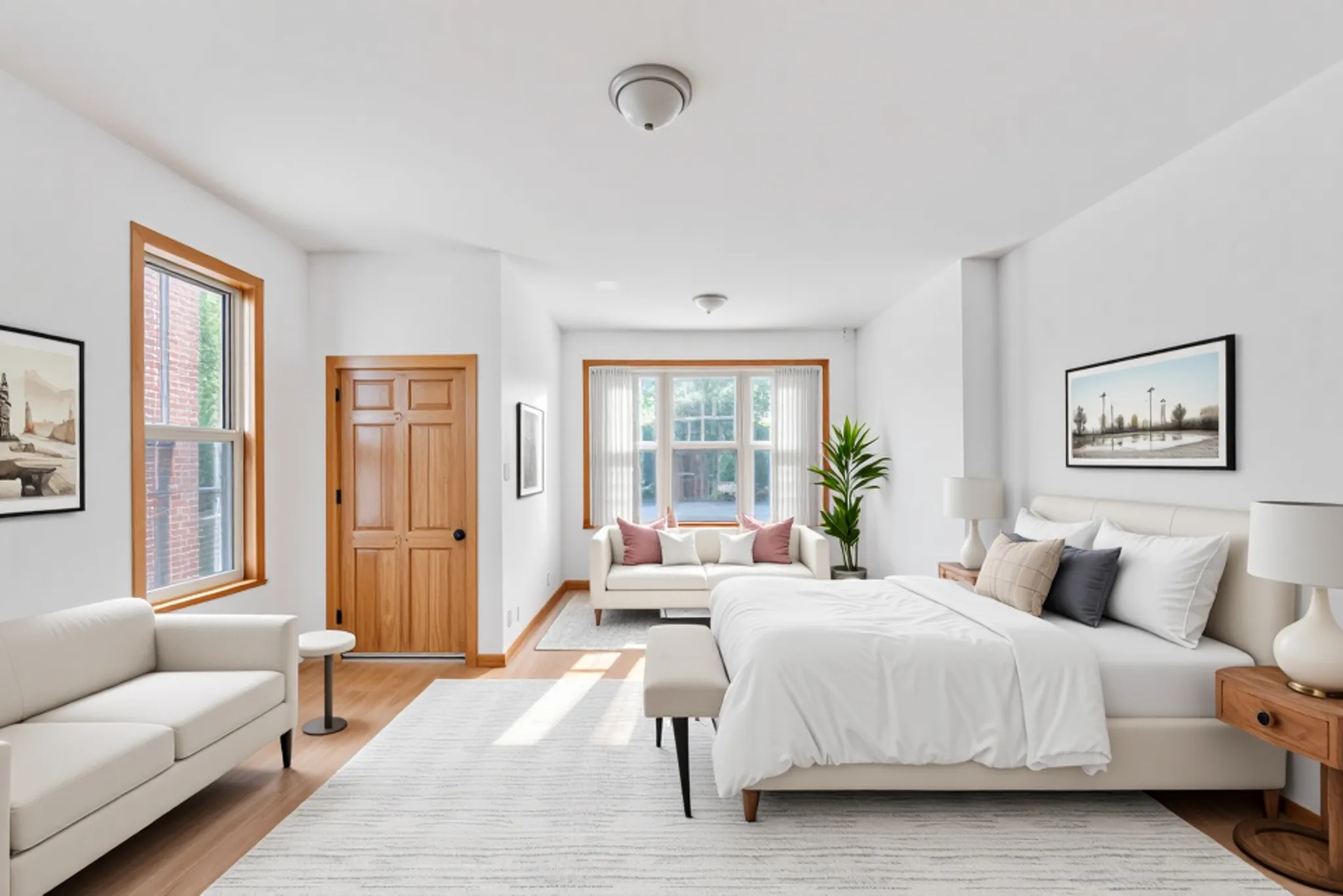 a bedroom with a large bed couch and a window