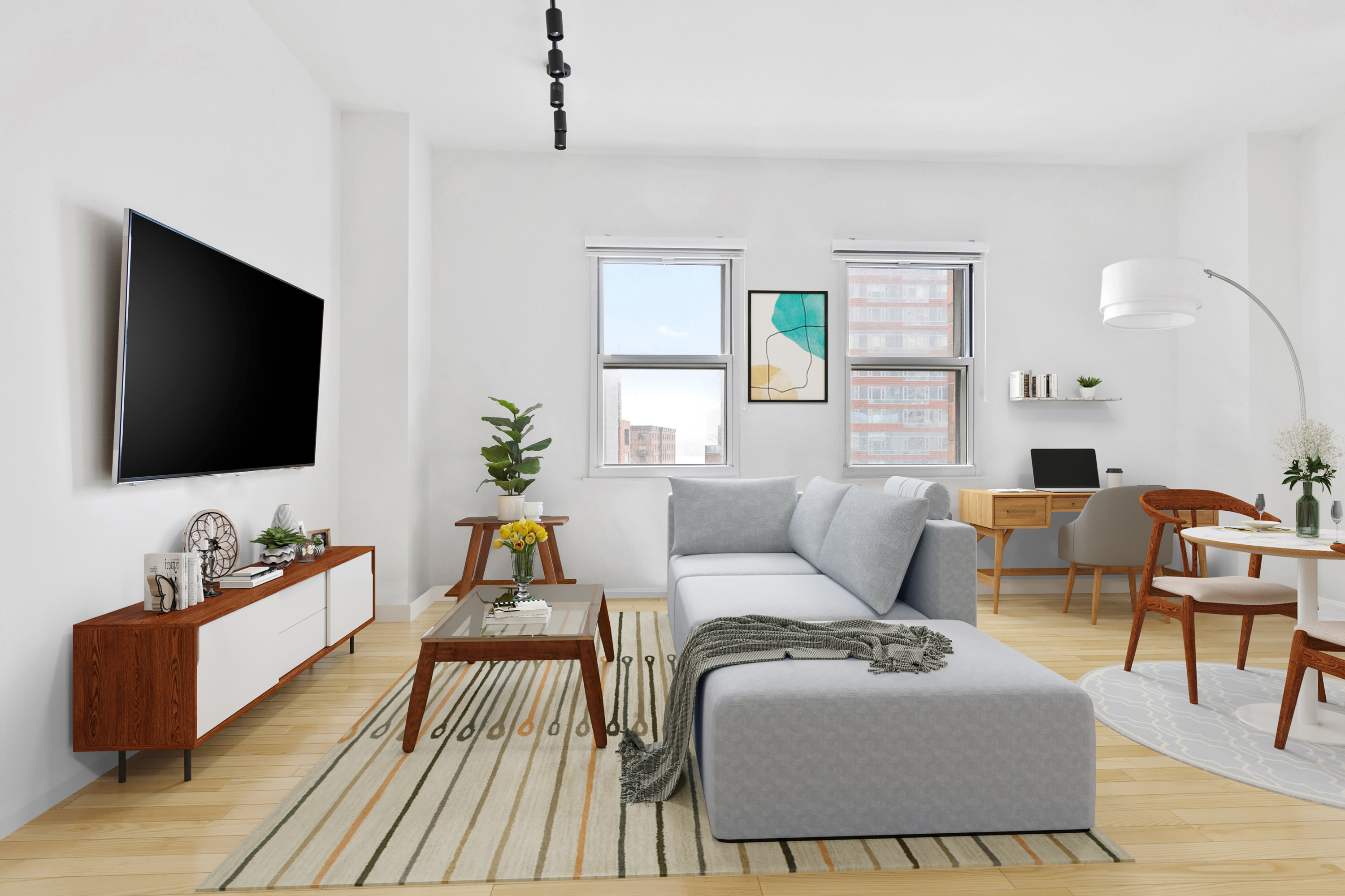 20 West Street, Unit 9A Manhattan, NY 10004 - Photo 2 of 14 a living room with furniture and a flat screen tv