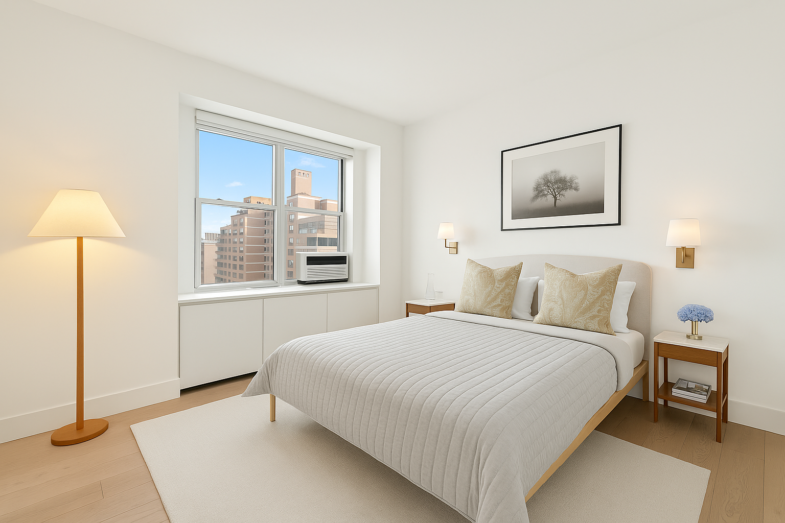 573 Grand Street, Unit D1707/1801 Manhattan, NY 10002 - Photo 11 of 24 a bedroom with a bed and a lamp with window