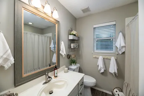a bathroom with a sink a toilet and mirror