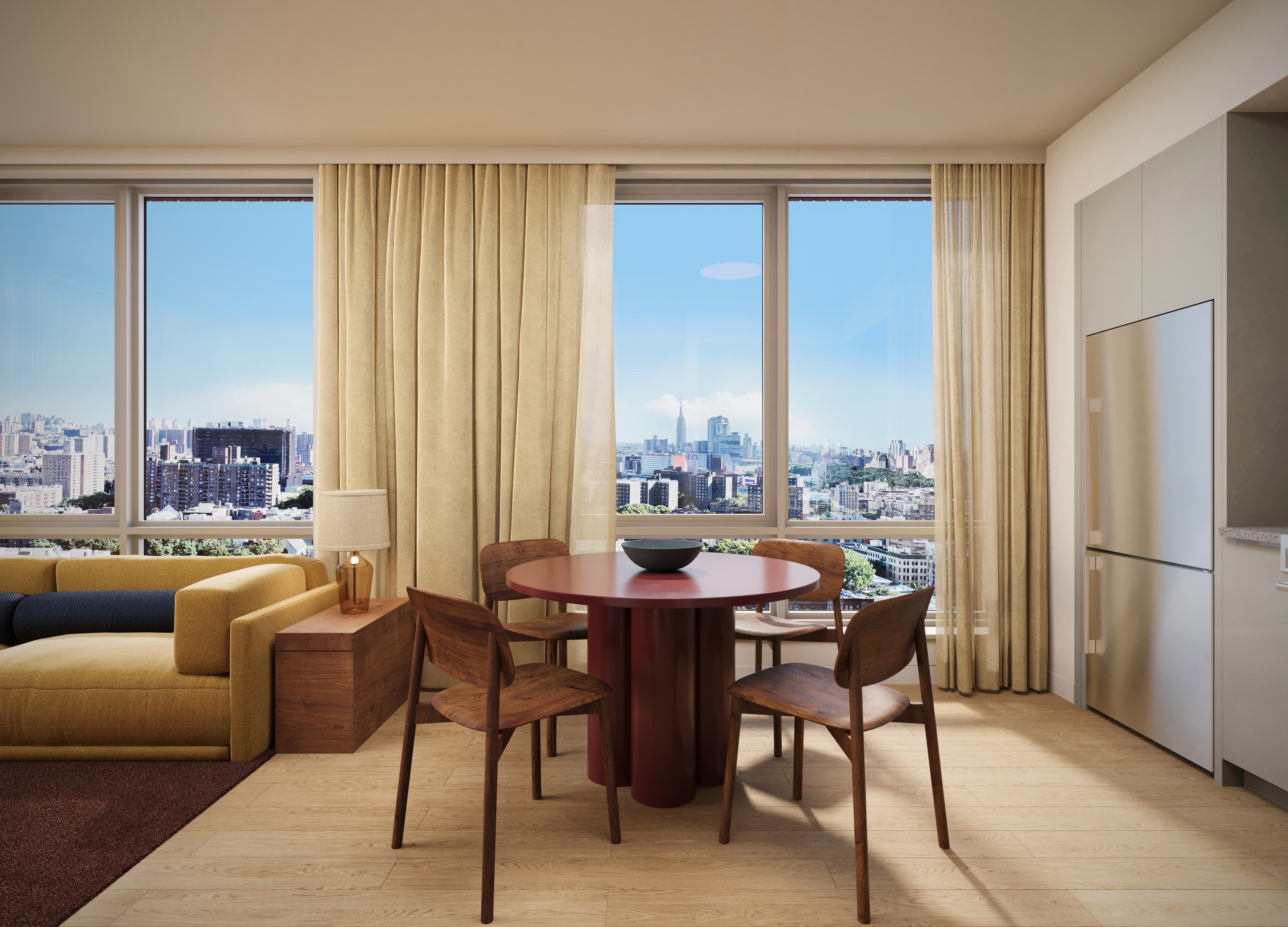 a view of a dining room with furniture window and outside view