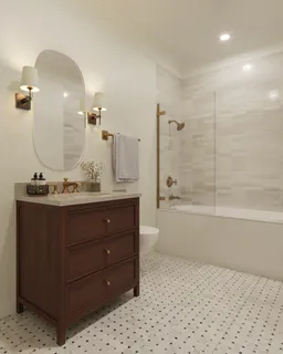 a bathroom with a tub sink and mirror